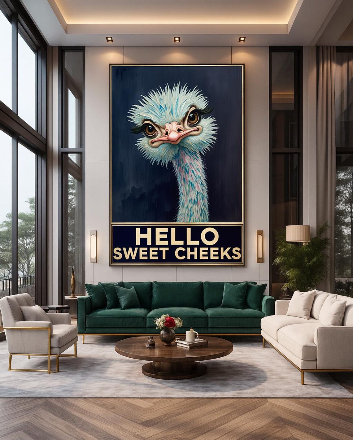 Funny Ostrich Hello Sweet Cheeks Quote Poster Humorous Animal Decor