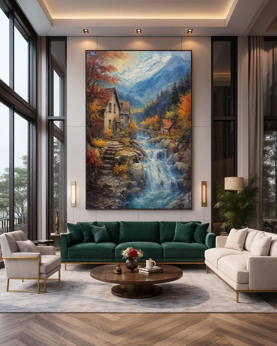 Alpine Village Waterfall Painting Autumn Trees Snowy Peaks Mountain Wall Art