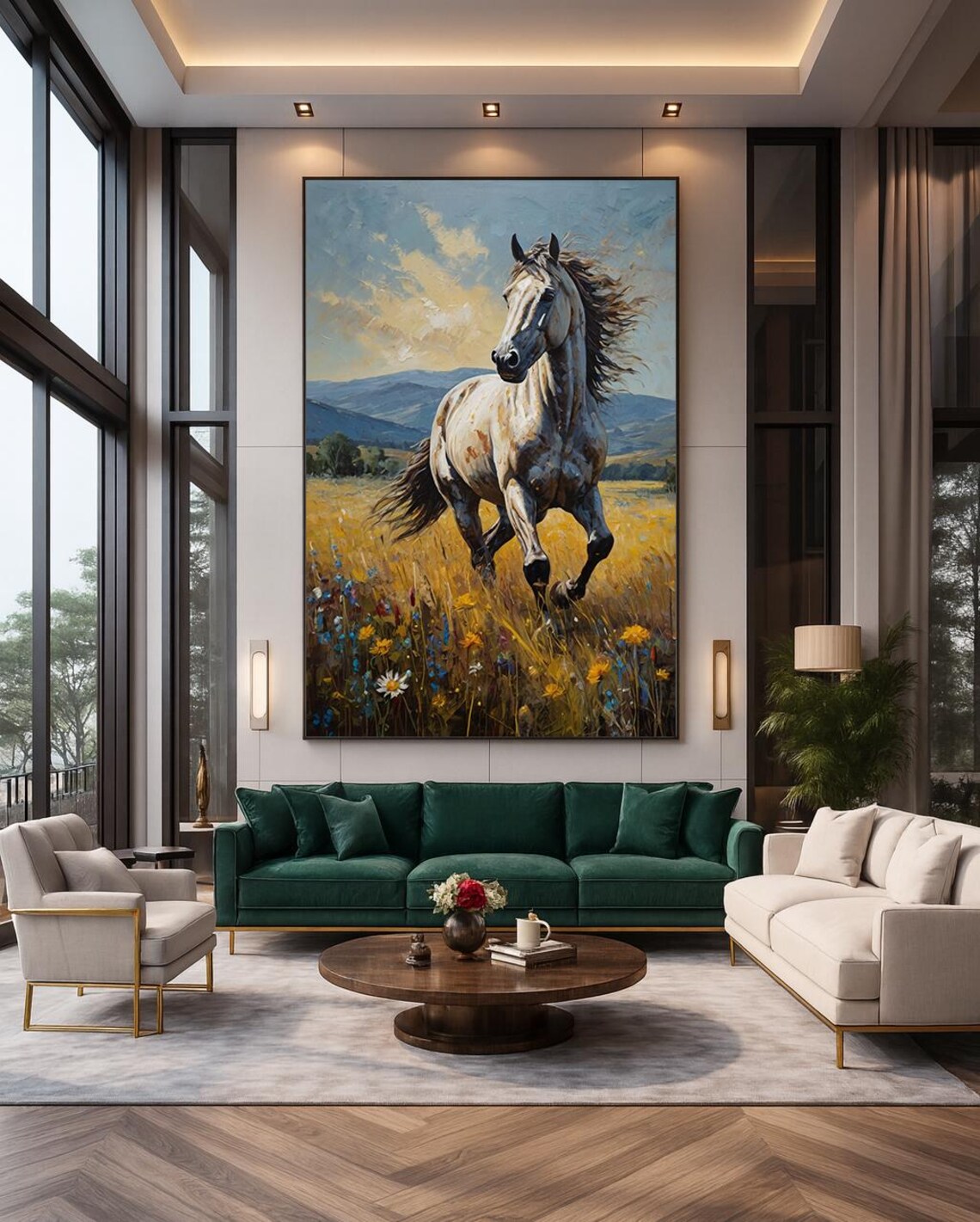 Wild White Horse Running Golden Meadow Wildflower Oil Painting Print