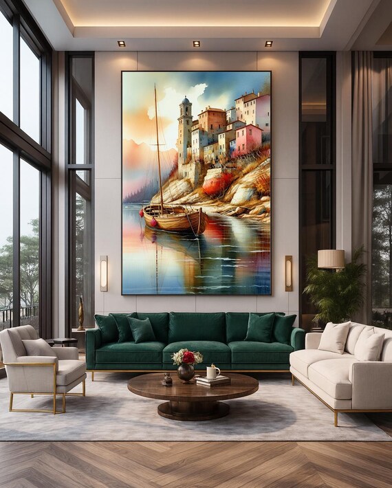 Coastal Village Sailboat Cliff Pastel Houses Sunset Vintage Style Poster