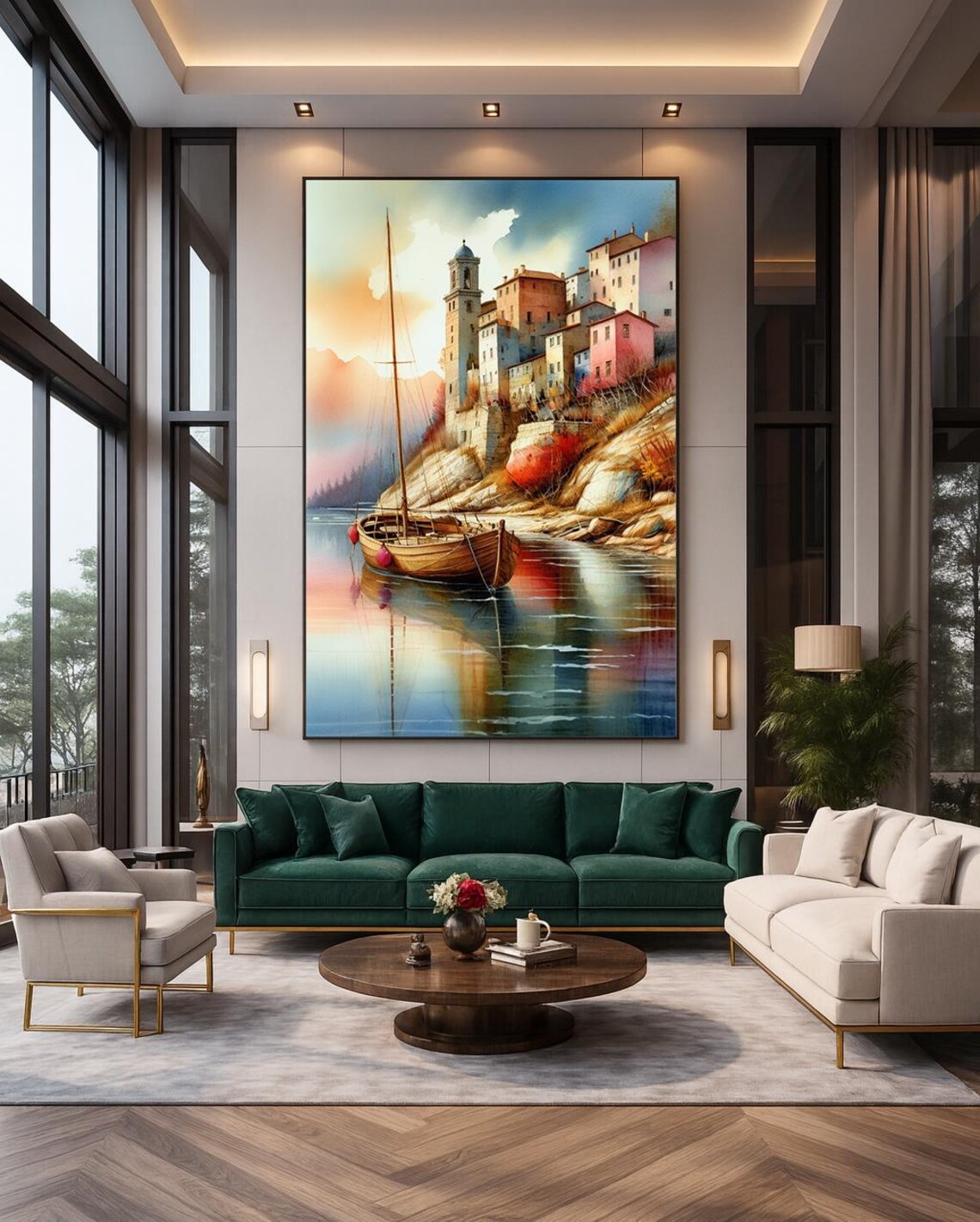 Coastal Village Sailboat Cliff Pastel Houses Sunset Vintage Style Poster
