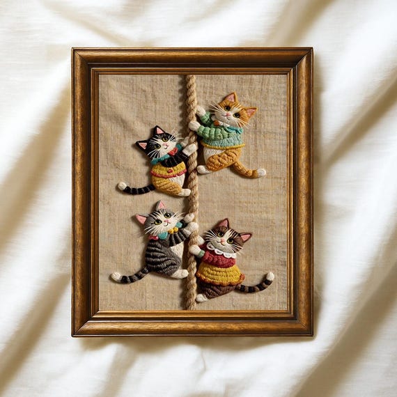 Whimsical Cats Climbing Rope Wall Art Playful Embroidery Style Animal Print