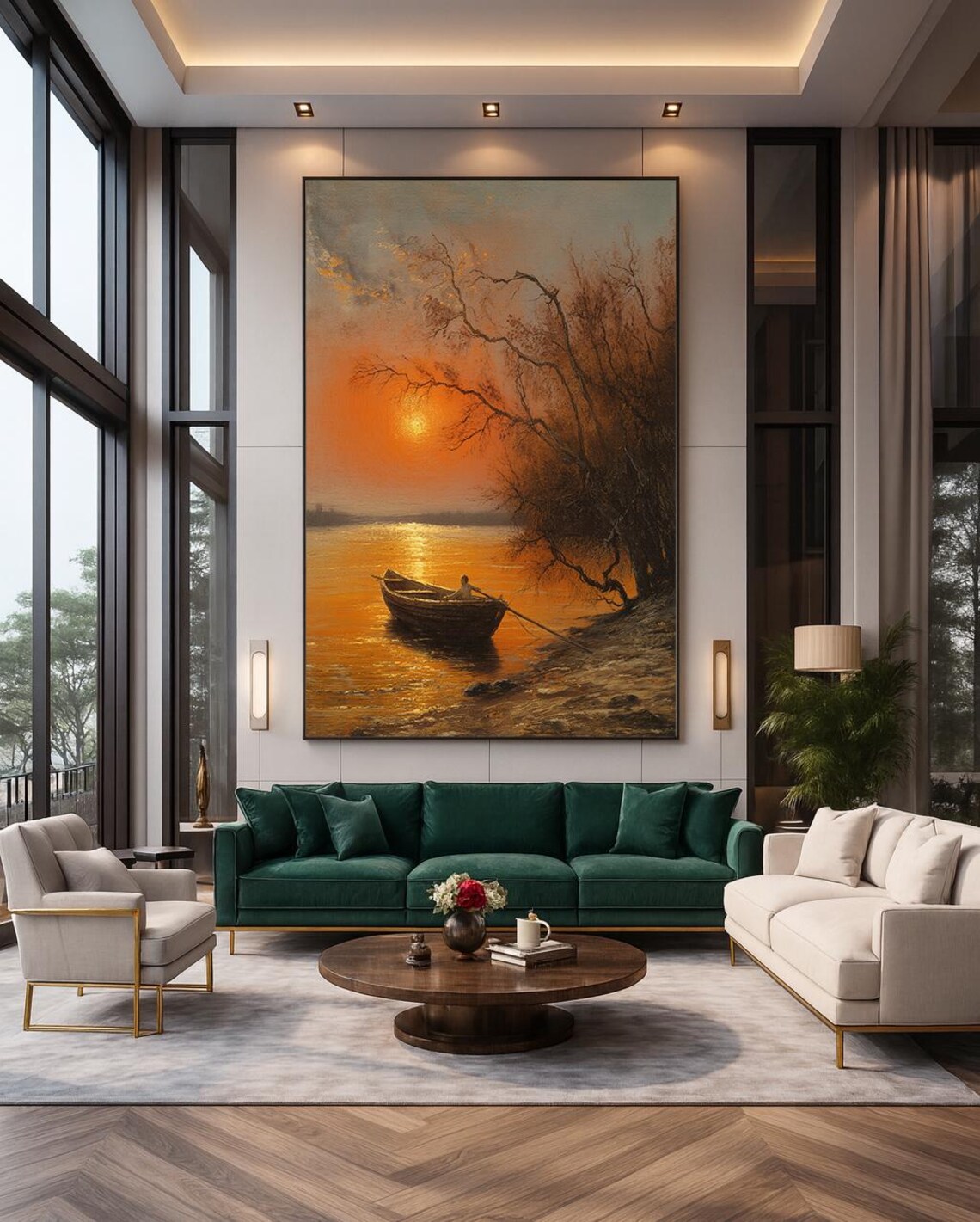 Golden Sunset Rowboat On Calm River Reflective Nature Painting Poster
