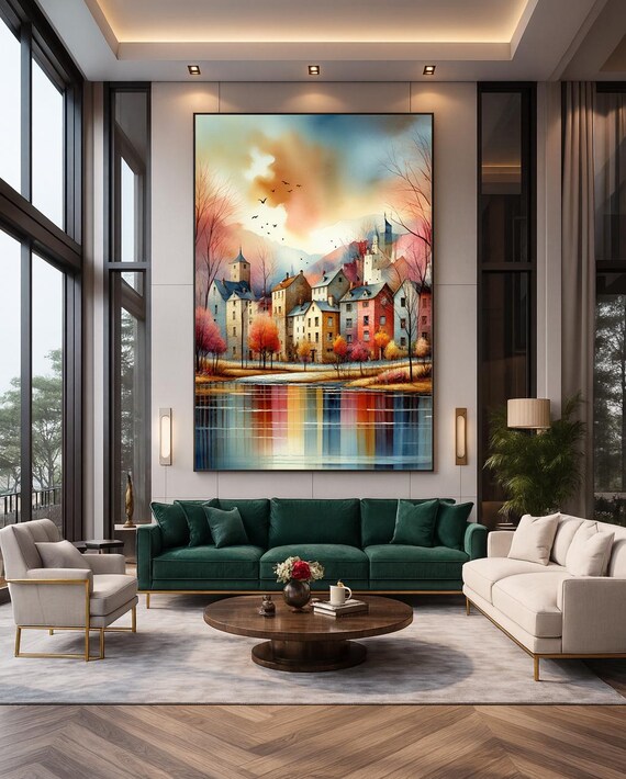 Pastel Seaside Village Lakeside Cottages Sunset Vintage Style Poster