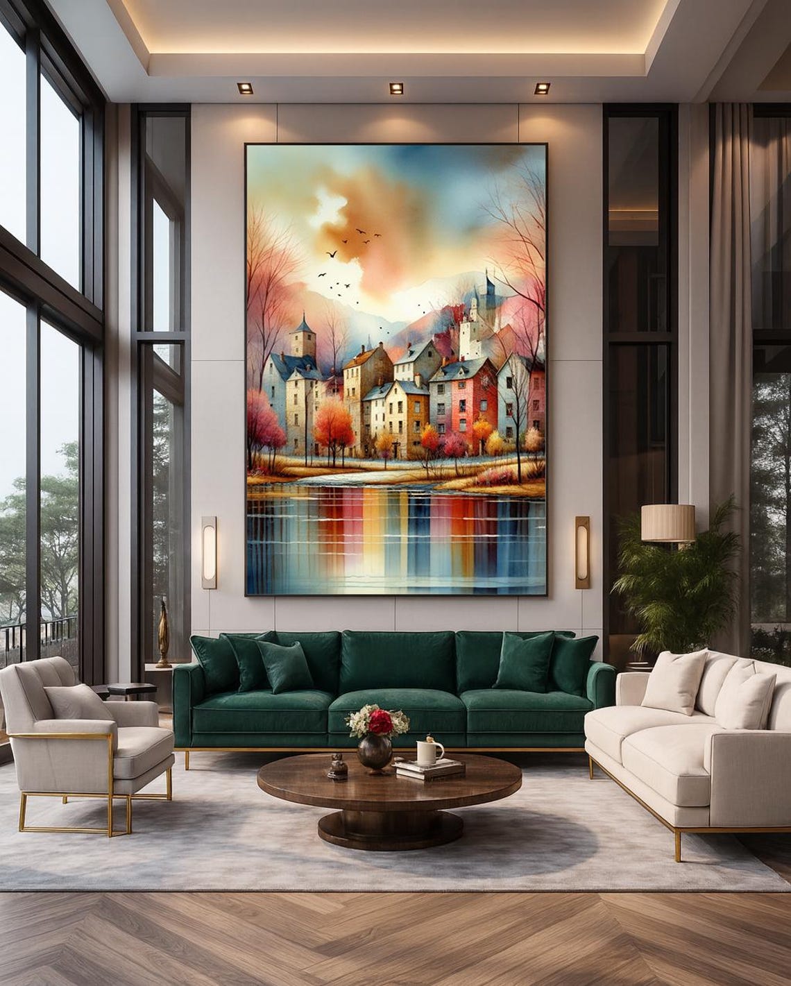 Pastel Seaside Village Lakeside Cottages Sunset Vintage Style Poster