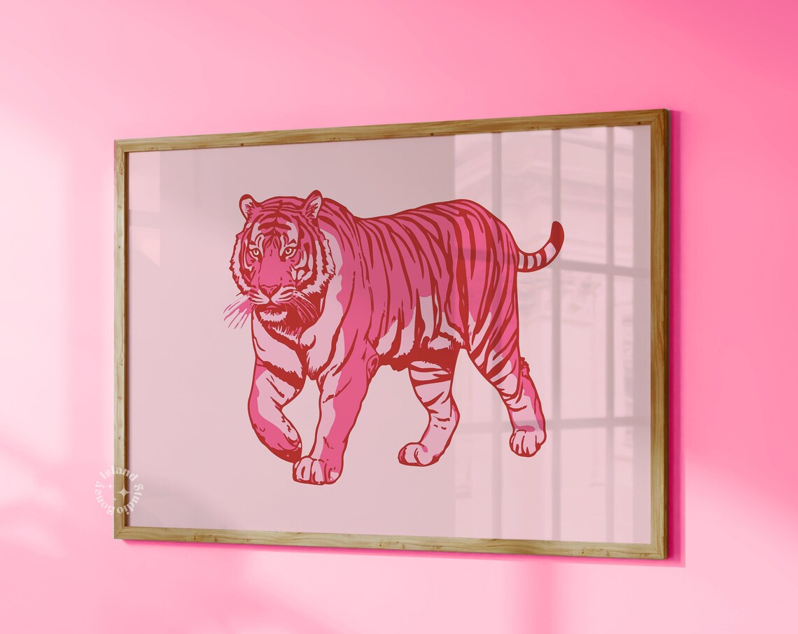 Pink Tiger Preppy Dorm Room Decor Horizontal Landscape Art Print Funky Wall Maximalist College Unframed