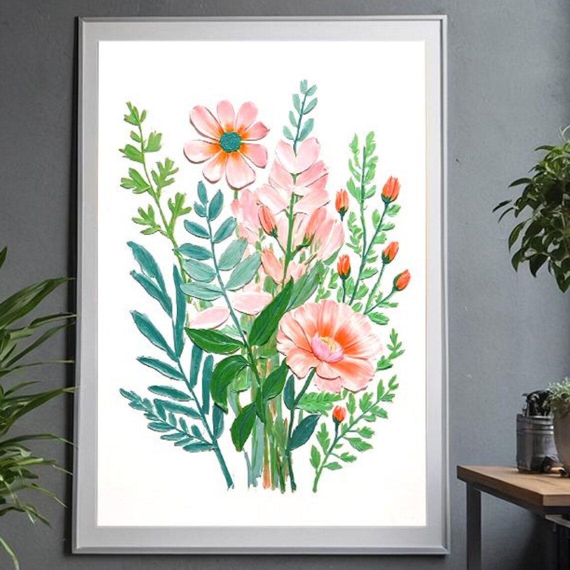 Pink Flower Bouquet Art Print Watercolor Botanical Illustration