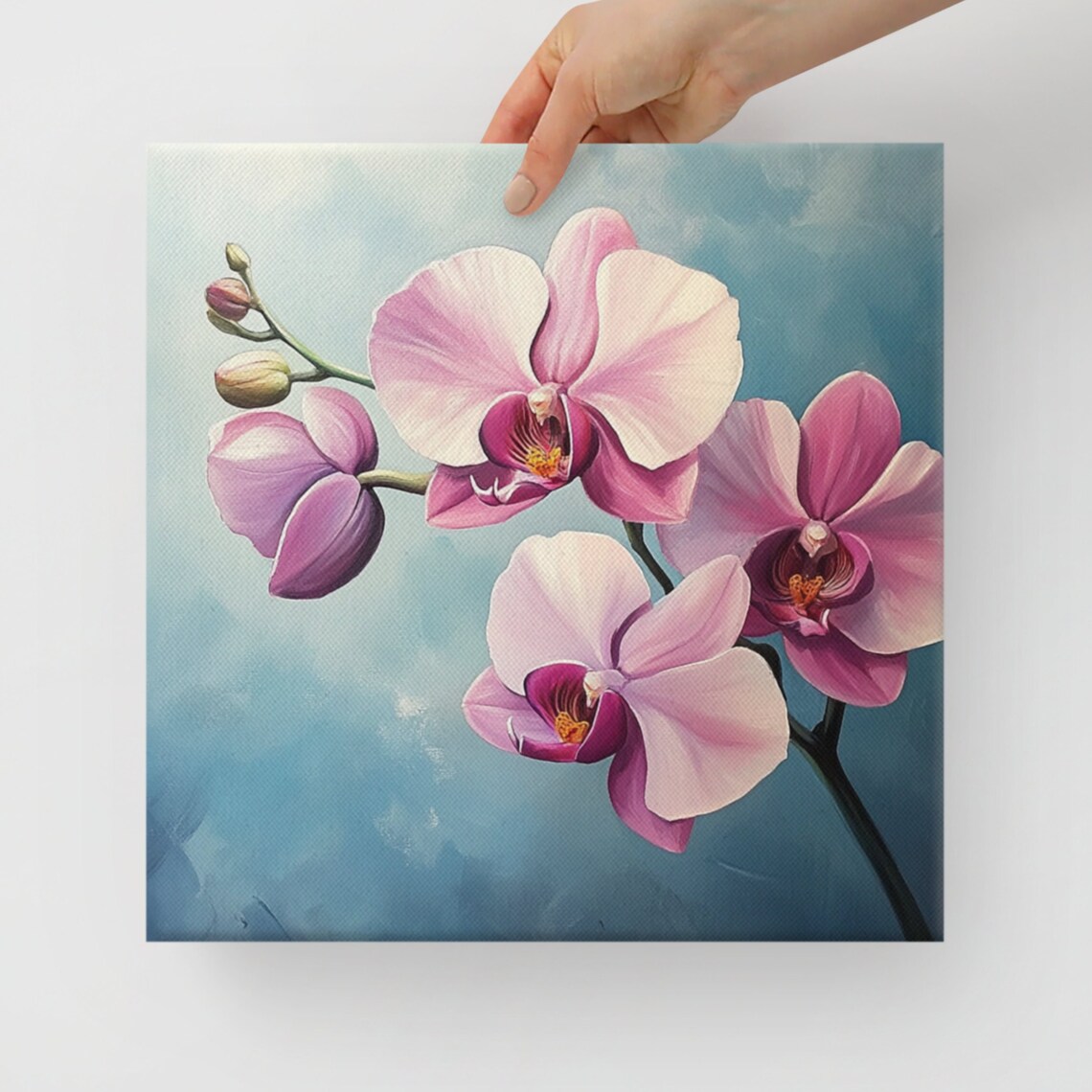 Pink Orchid Blossoms Teal Background Watercolor Painting Poster
