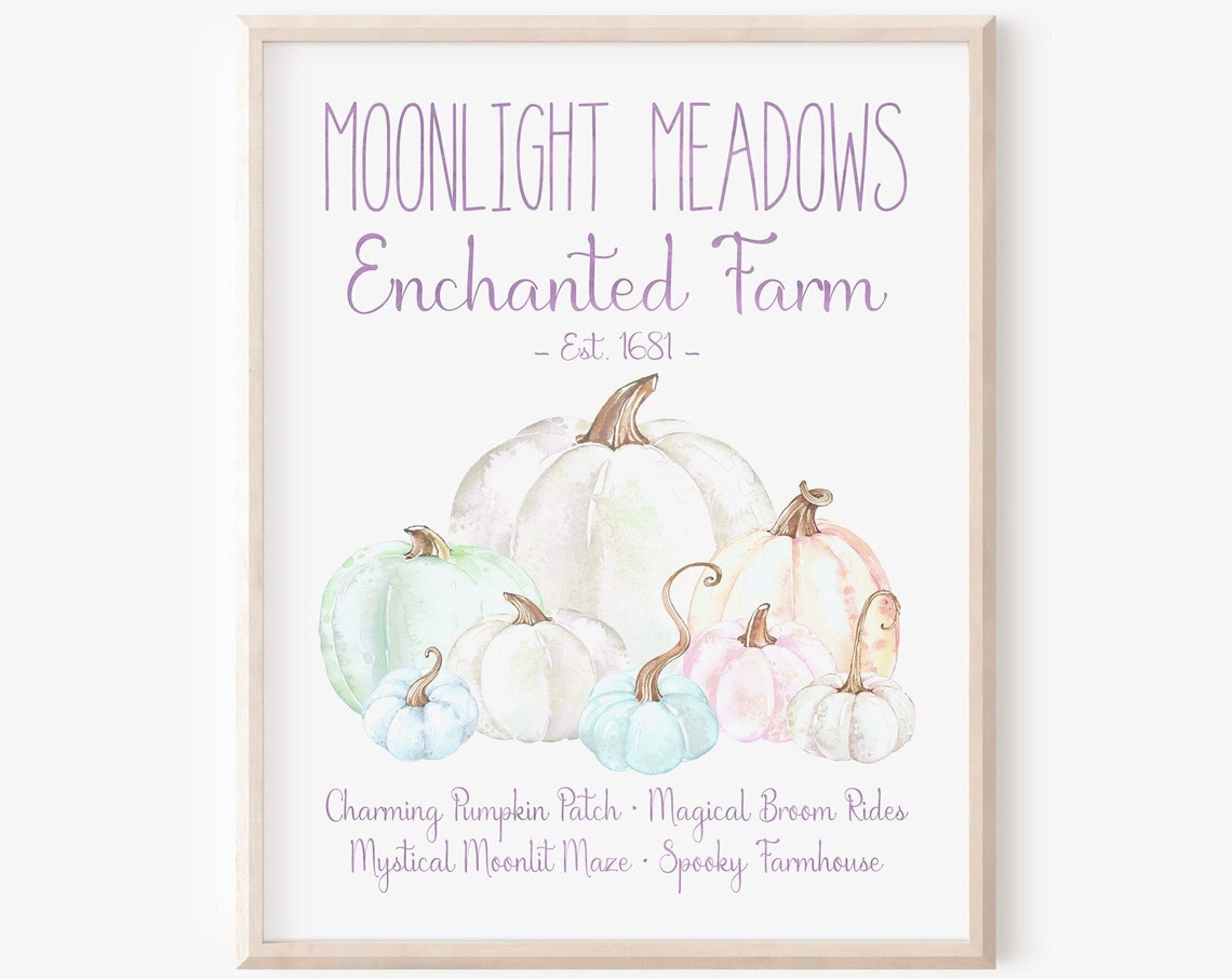 Enchanted Pumpkin Patch Cute Pastel Halloween Wall Art Whimsical Fall Artwork Magical Fantasy Sign Spooky Farmhouse Decor