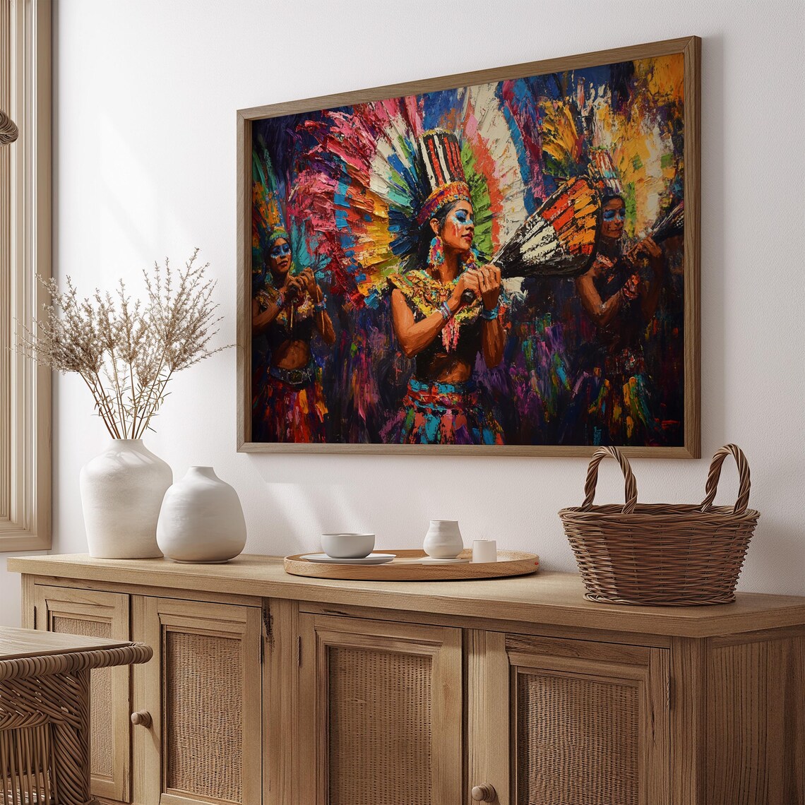 Mexican Festival Dancers Painting Feathered Headdresses Colorful Wall Art