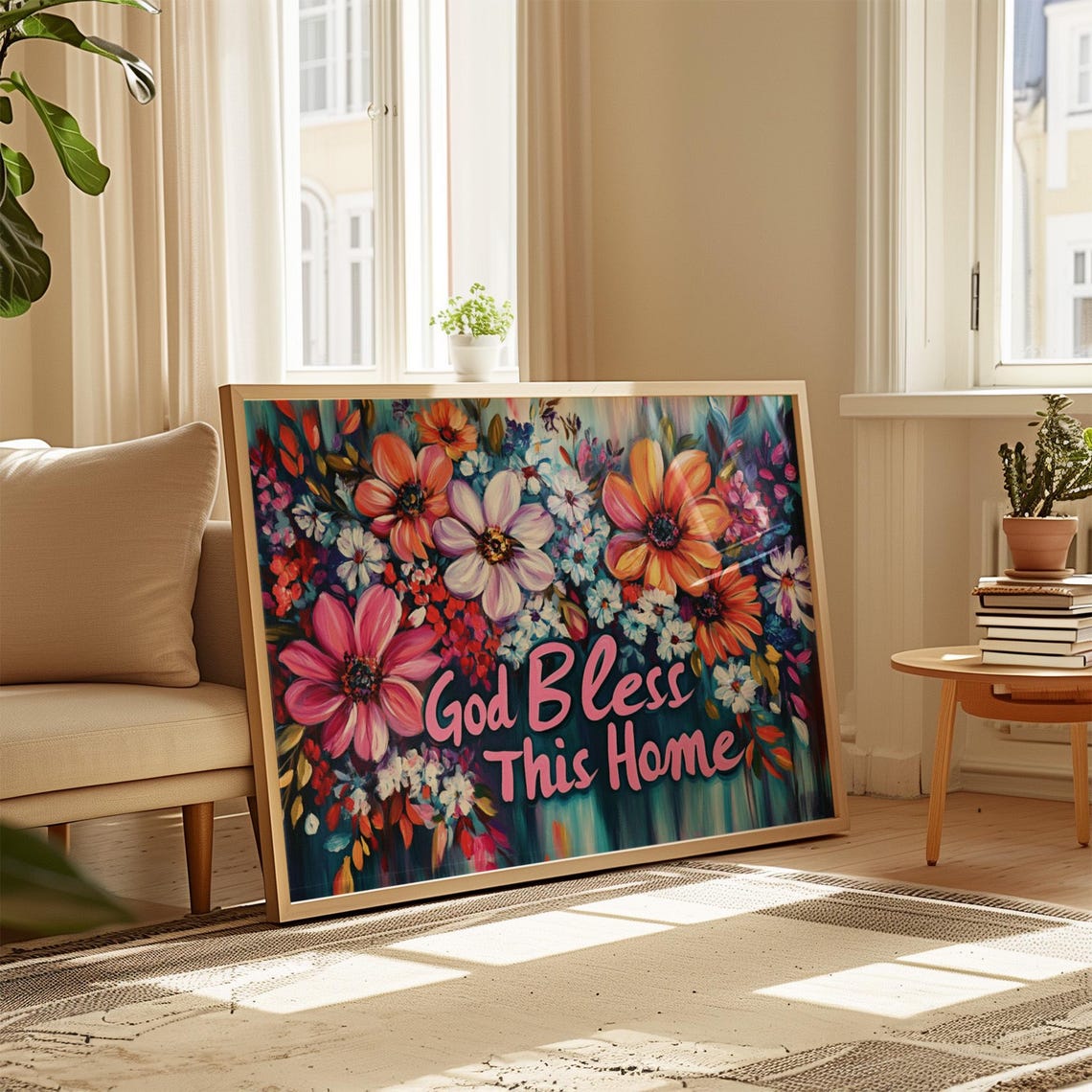 God Bless This Home Pink Daisy Dark Teal Wildflower Floral Print - Image 4