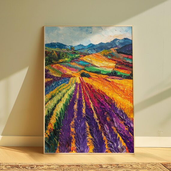 Vibrant Purple Flower Field Rows Colorful Mountain Landscape Print
