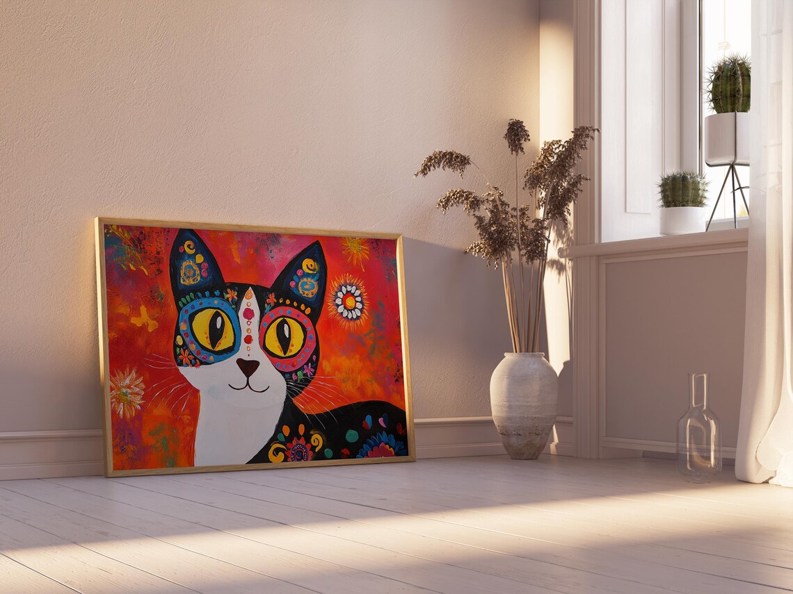 Black Tuxedo Cat Sugar Skull Art Big Golden Eyes Red Fiesta Cat Poster - Image 2