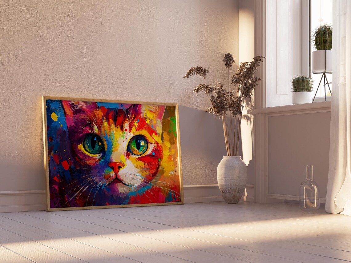 Rainbow Painted Cat Face Close Up Big Teal Eyes Bold Brushstroke Poster - Image 2