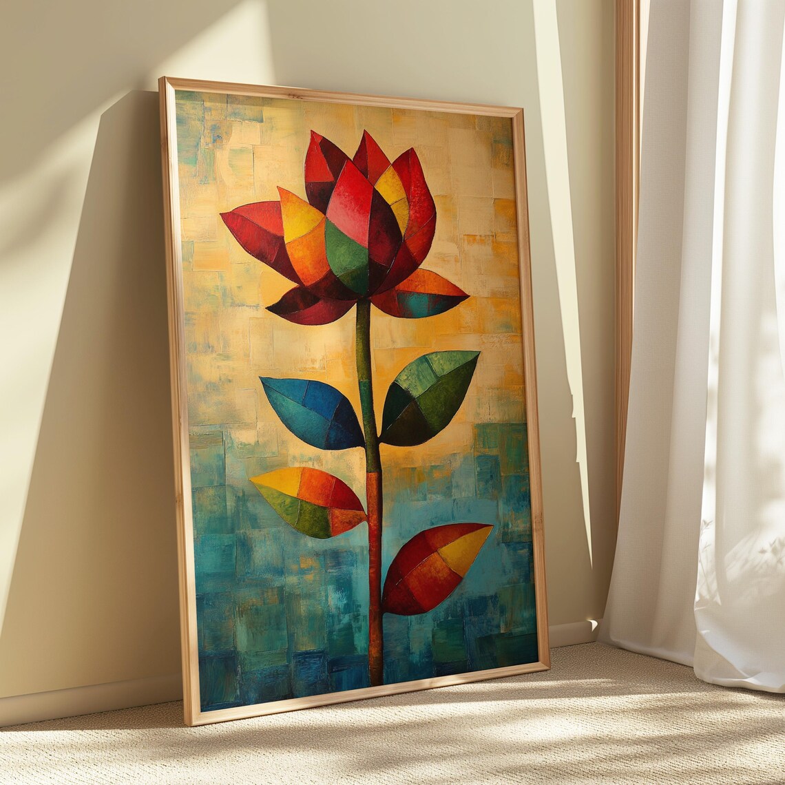 Cubist Mosaic Flower Geometric Red Orange Teal Bold Modern Art Poster - Image 5