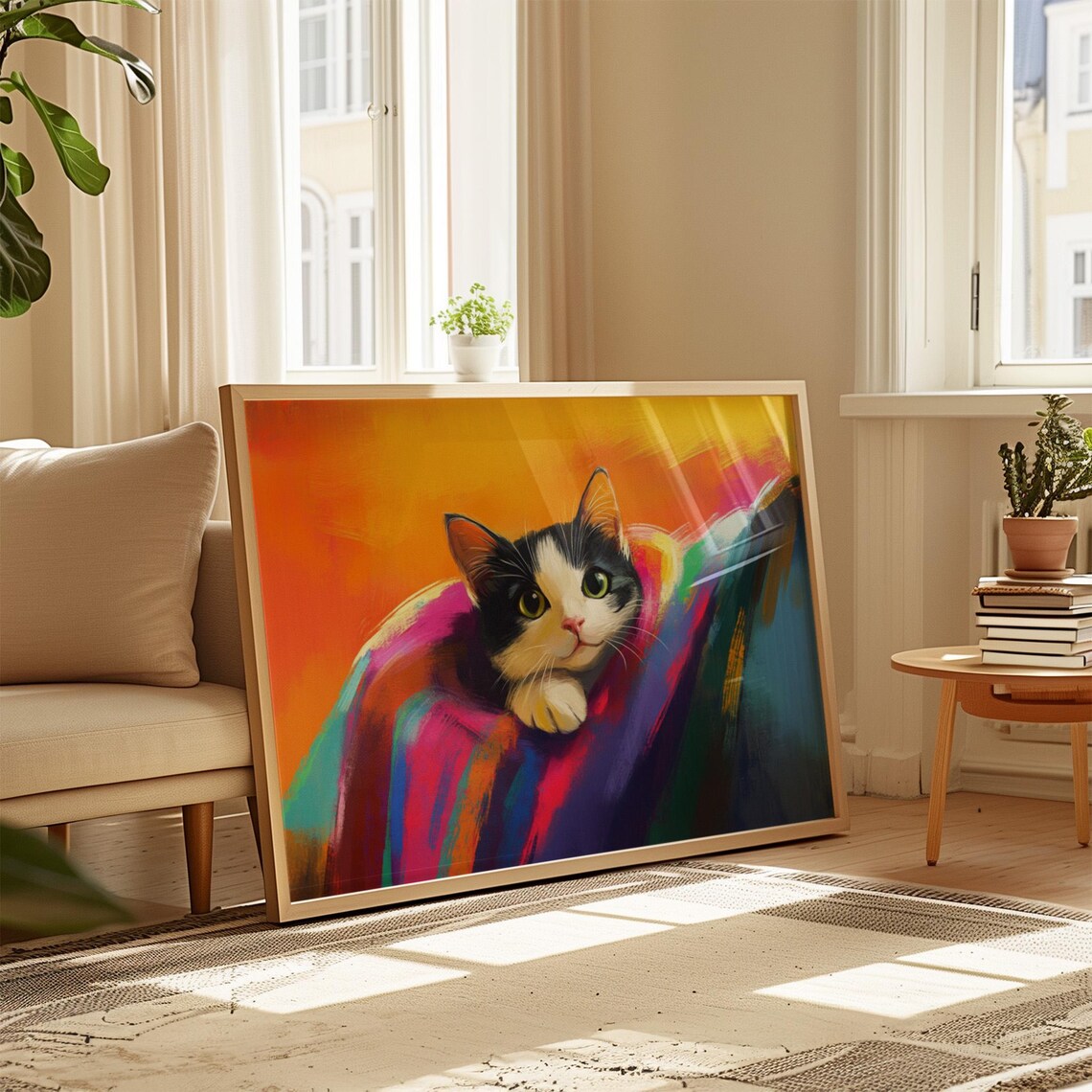 Tuxedo Kitten Wrapped in Rainbow Blanket Sunset Glow Cute Cat Art Poster - Image 4