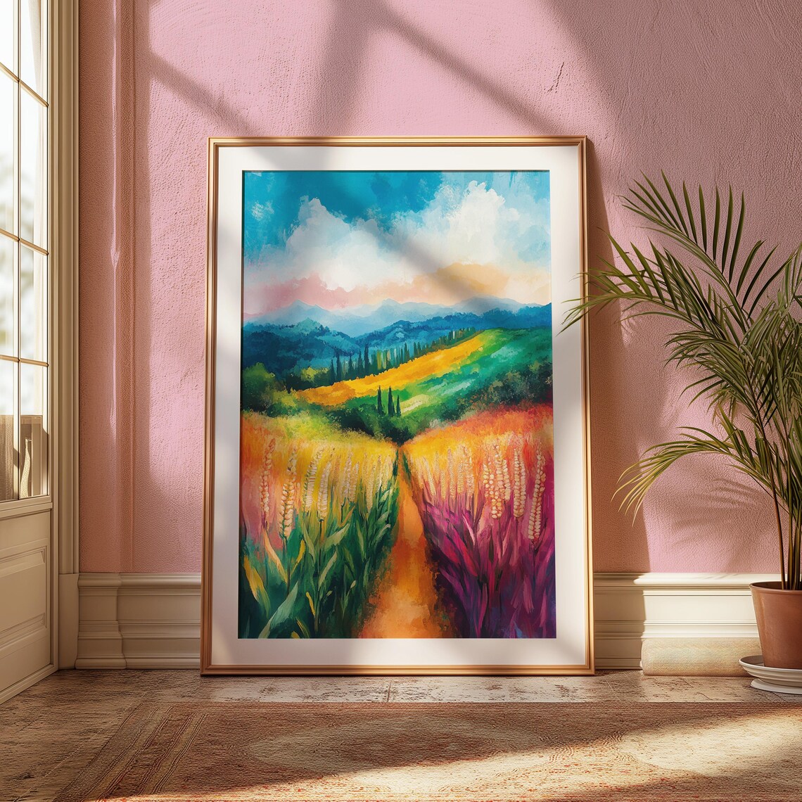 Golden Wheat Field Path Rolling Green Hills Blue Mountains Sunny Landscape Poster - Image 2