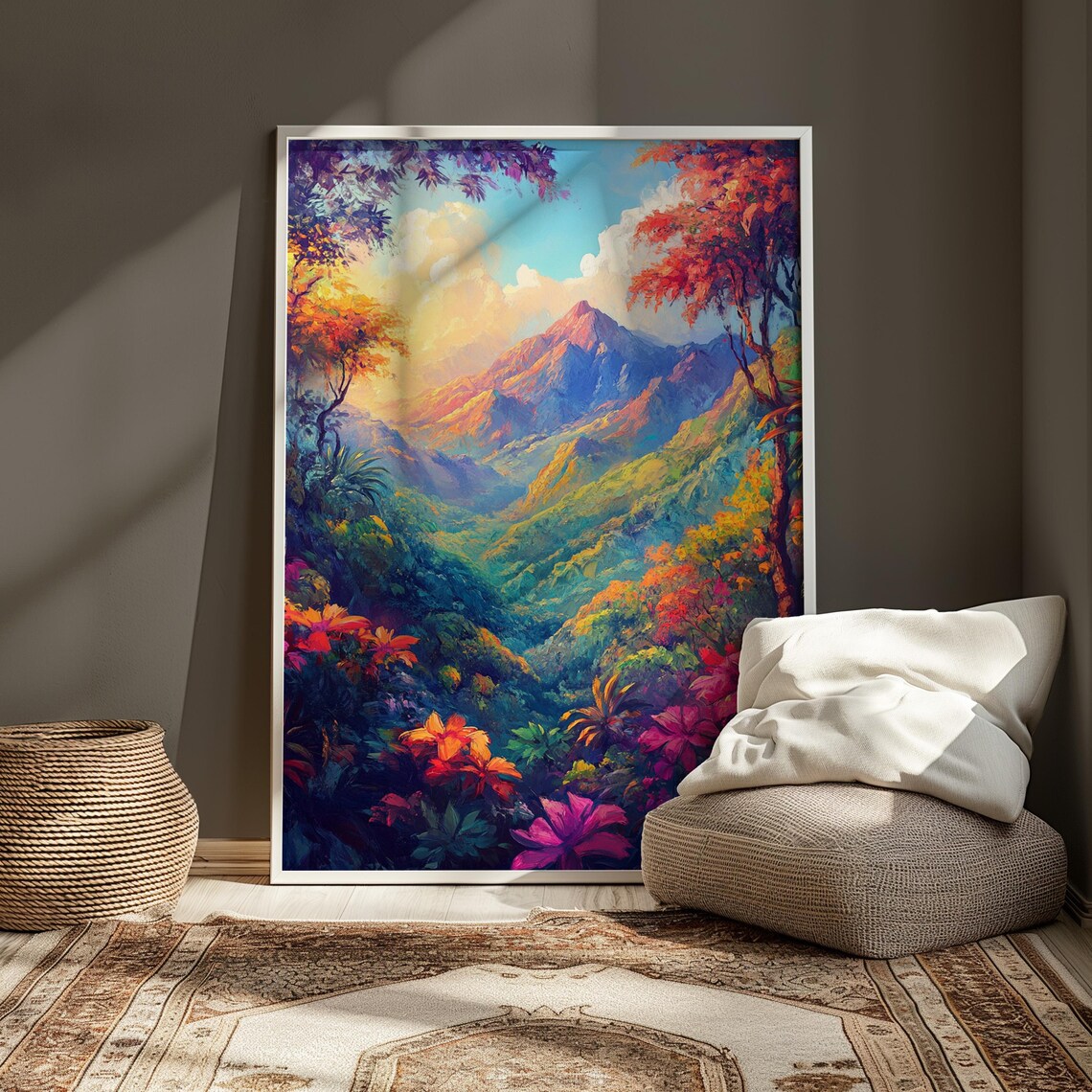 Lush Tropical Jungle Valley Mountain View Colorful Art Print - Image 4