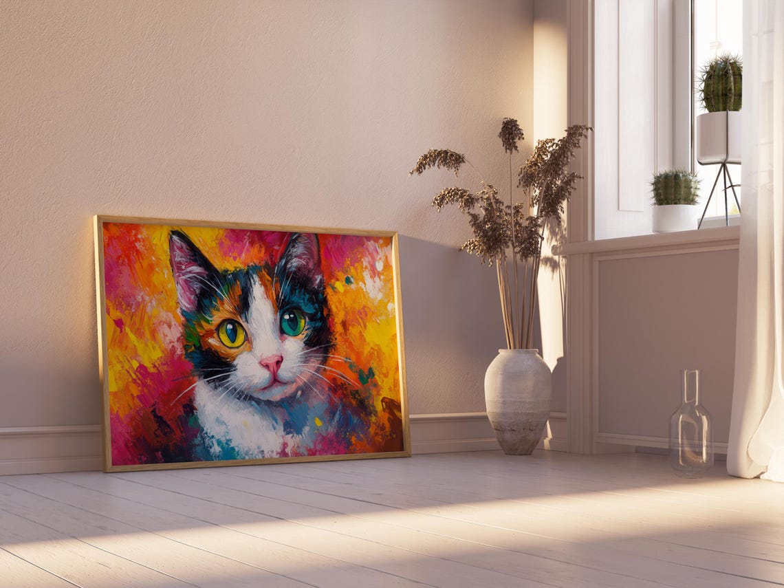 Calico Cat Portrait Fiery Red Orange Abstract Background Poster - Image 2
