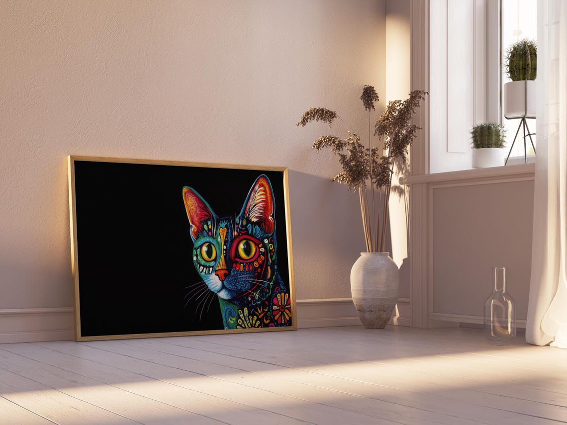 Side Profile Black Cat Floral Pattern Mismatched Yellow Eyes Wall Art - Image 2