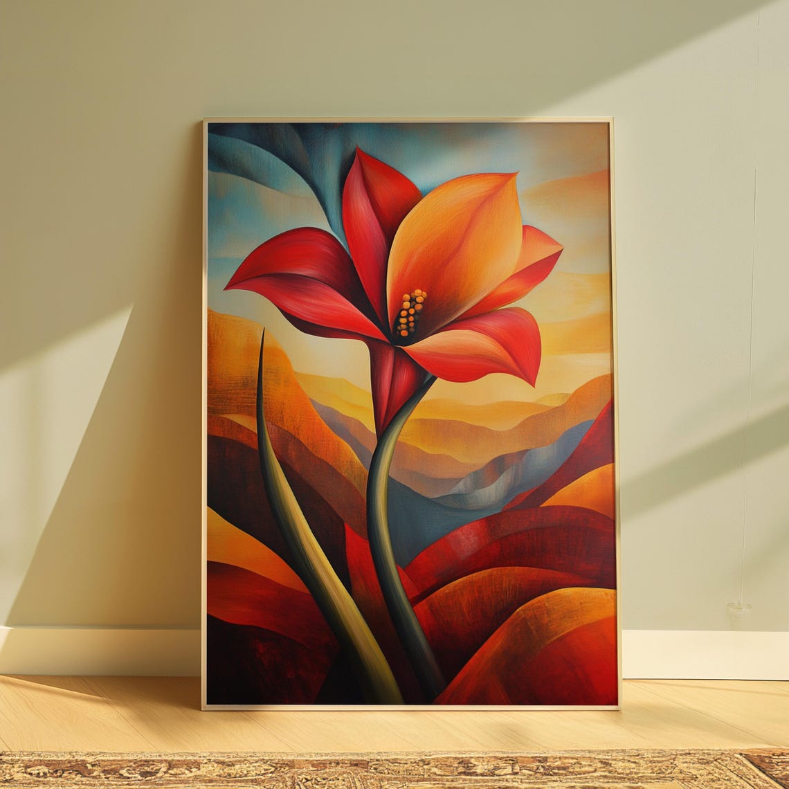 Red Amaryllis Wavy Sunset Landscape Modernist Floral Art Poster