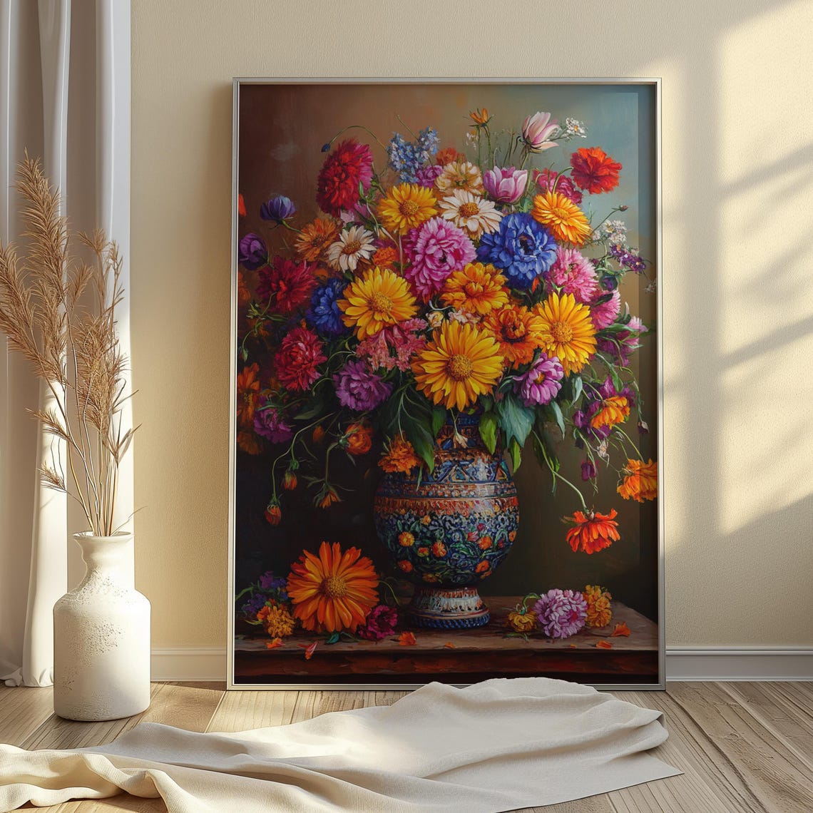 Vivid Garden Bouquet Patterned Mexican Vase Ledge Moody Floral Poster - Image 3