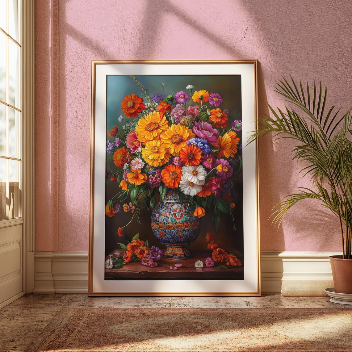 Mexican Folk Art Overflowing Zinnia Bouquet In Ornate Blue Vase Print - Image 2