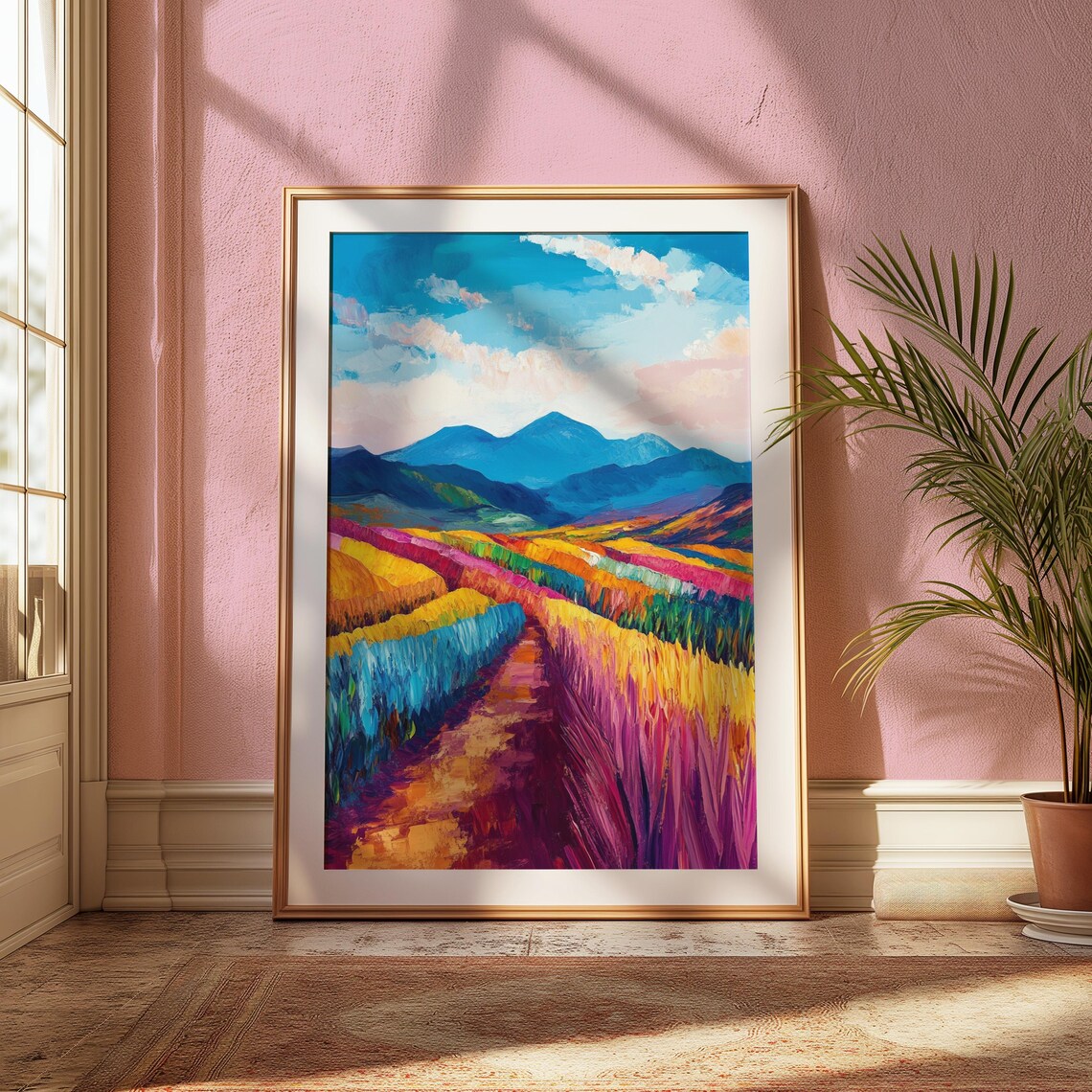 Rainbow Crop Fields Blue Mountains Pink Clouds Harvest Path Landscape Poster - Image 2