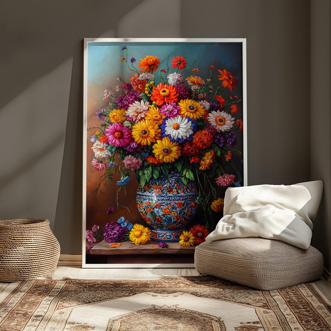 Cheerful Wildflower Bouquet Ornate Blue Vase Ledge Sunny Garden Poster - Image 4