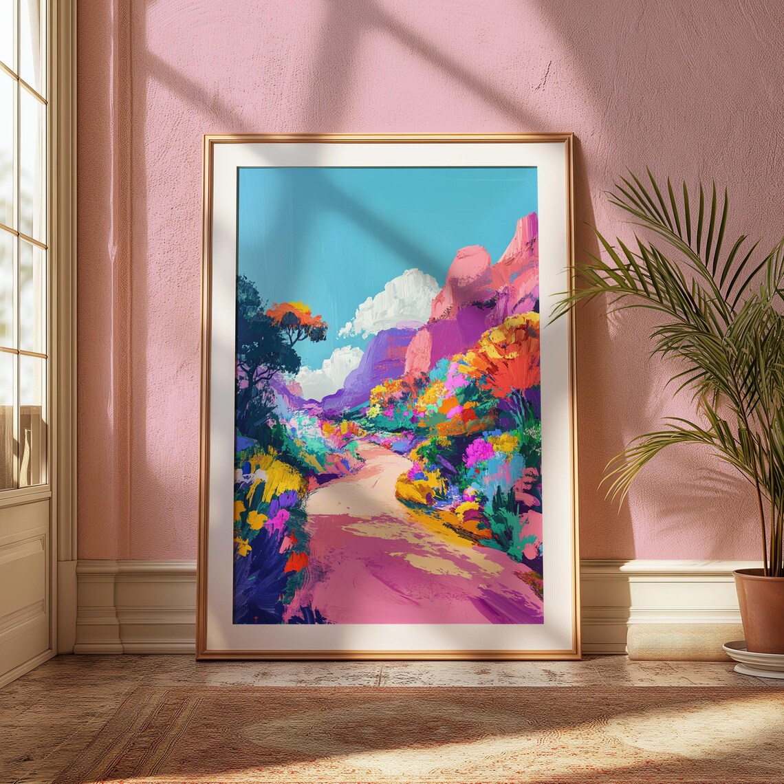 Colorful Canyon Path Pink Cliffs Bright Blooms Turquoise Sky Scenic Landscape Poster - Image 2