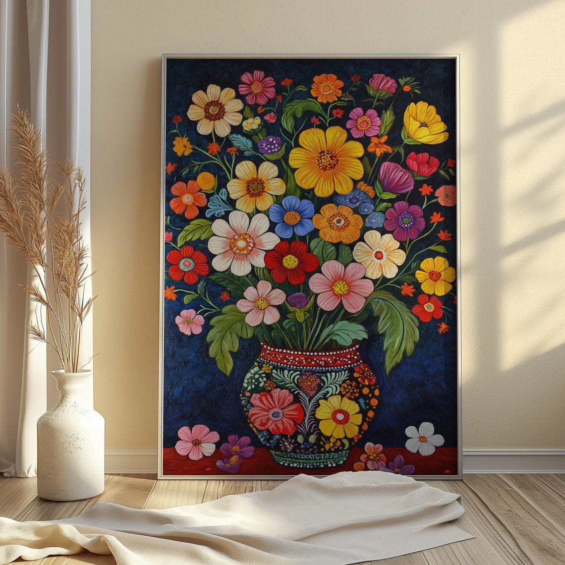 Folk Cosmos Daisy Bouquet Colorful Painted Pot Deep Blue Wall Art - Image 3