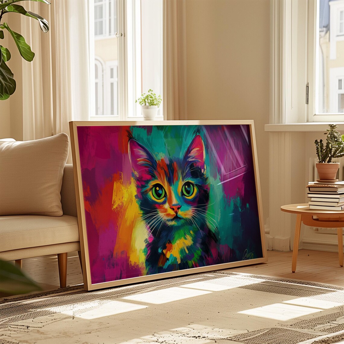 Rainbow Painted Cat Face Colorful Modern Pop Art Kitten Portrait Poster - Image 4