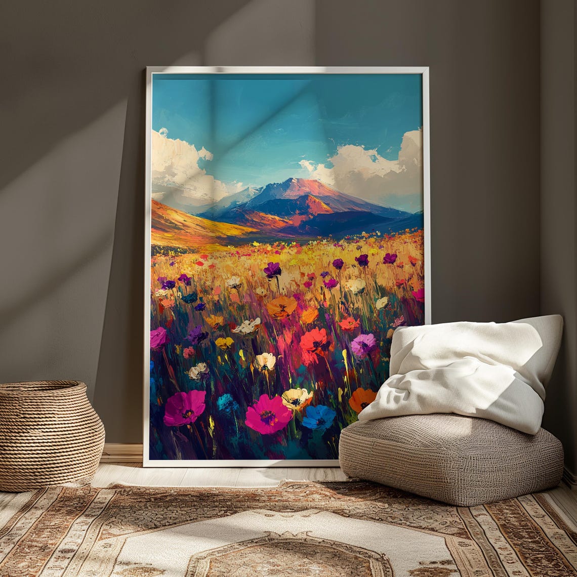 Colorful Wildflower Field Mountain View Impressionist Art Print - Image 3