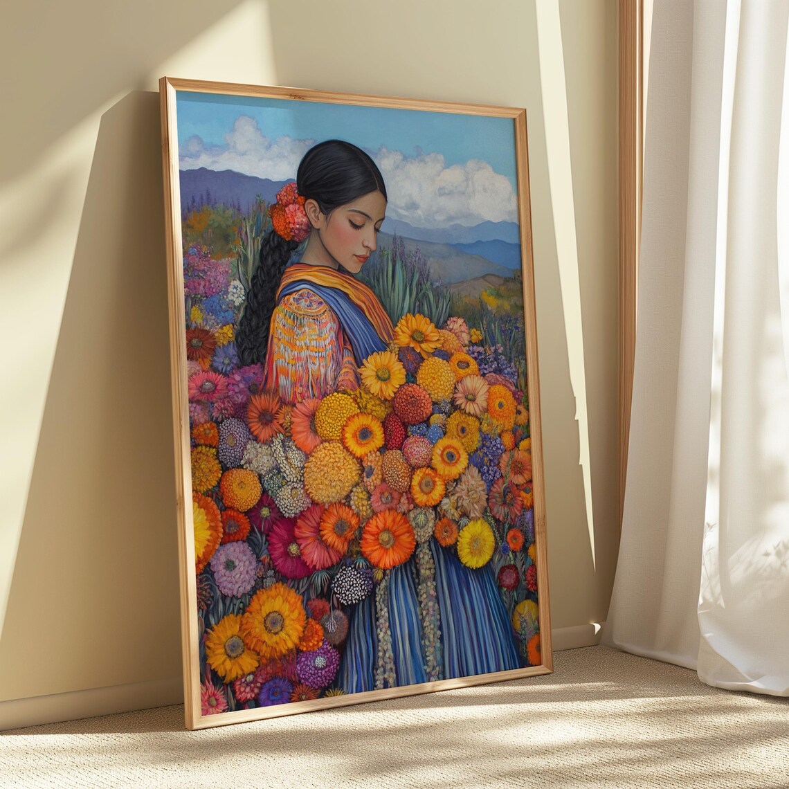 Woman Long Braid Marigold Hair Blue Striped Dress Dahlia Field Poster - Image 4