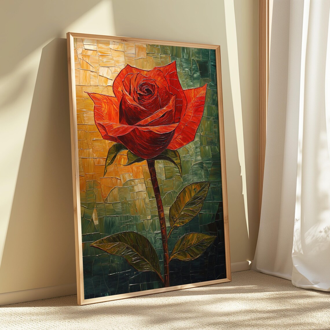 Red Orange Rose Long Stem Mosaic Tile Gold Green Textured Art Poster - Image 5