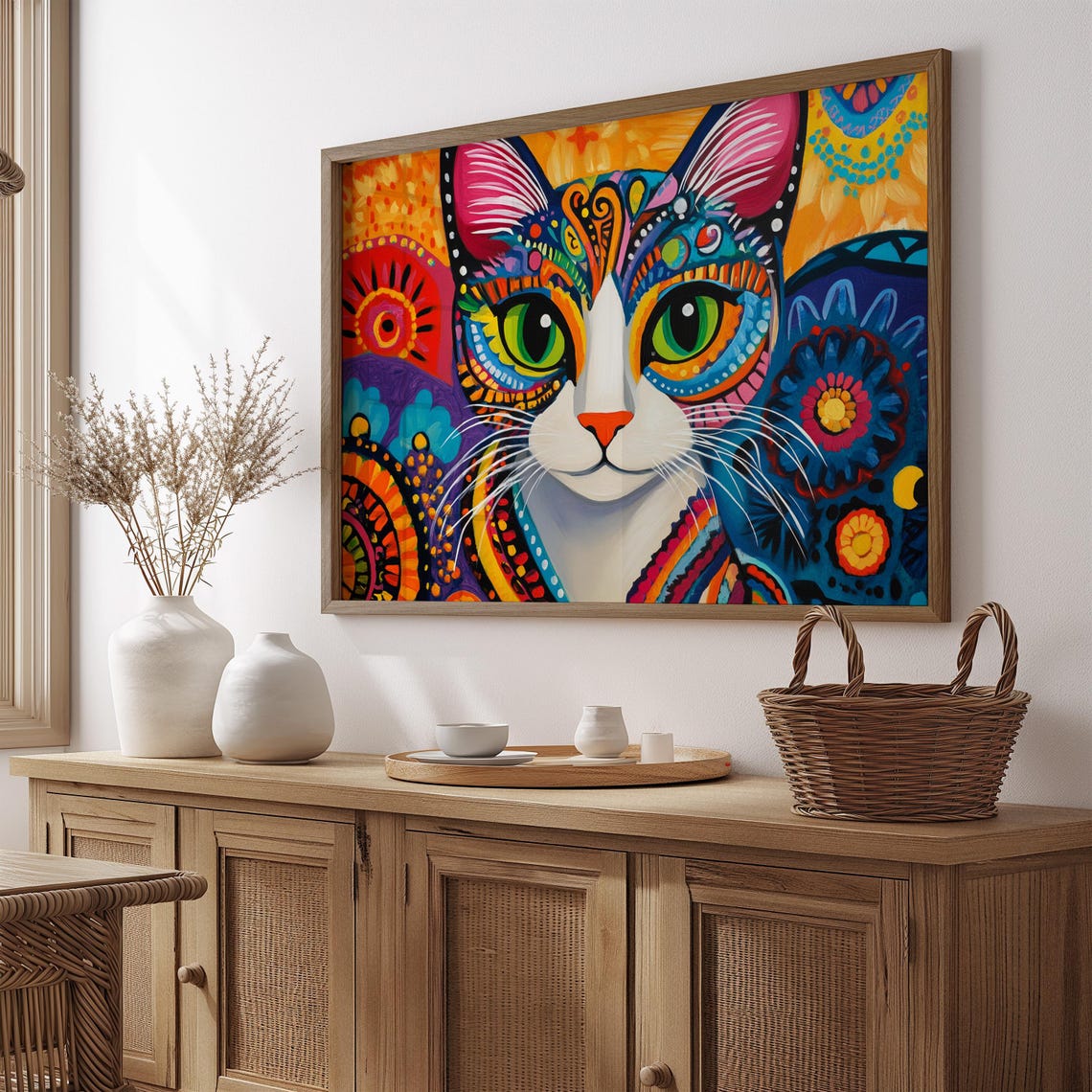 Mandala Style Cat Face Symmetrical Bright Folk Art Patterns Poster