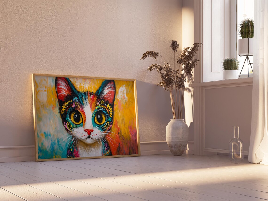 Calico Kitten Golden Background Folk Art Eye Patterns Sweet Cat Art Poster - Image 2