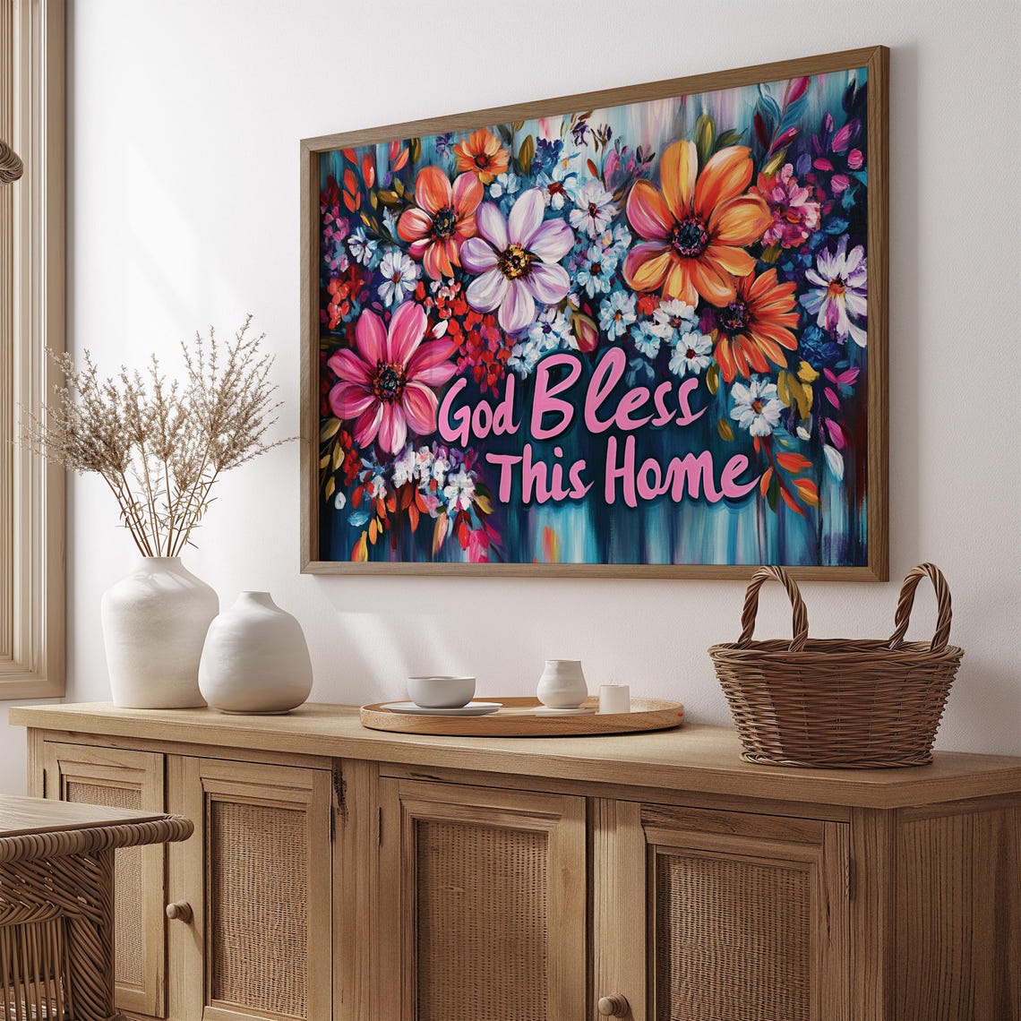 God Bless This Home Pink Daisy Dark Teal Wildflower Floral Print