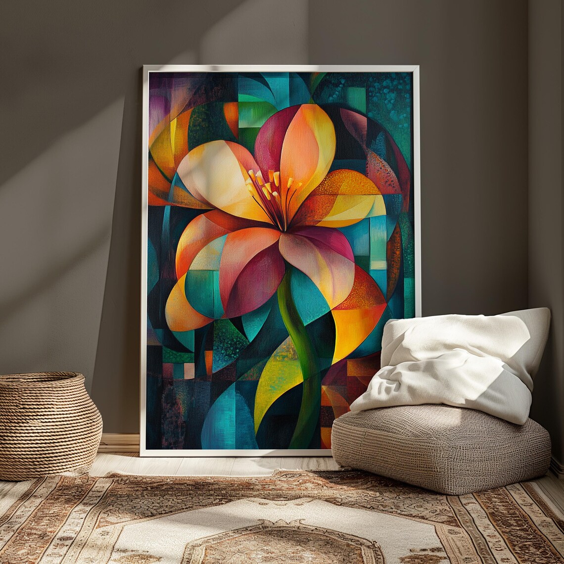 Pink Orange Lily Cubist Teal Green Abstract Floral Garden Poster - Image 3