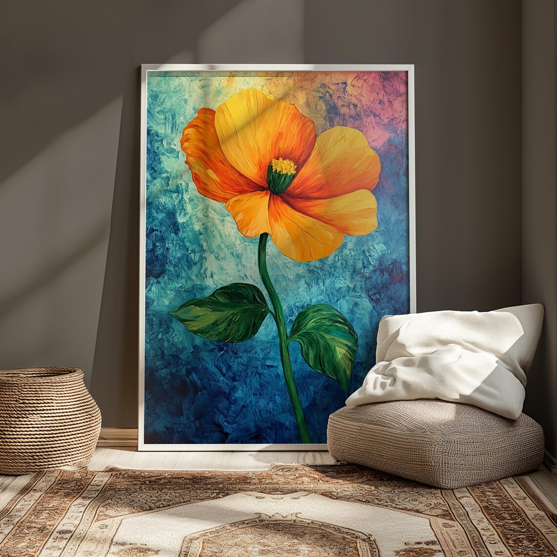 Golden Orange Poppy Bloom Textured Teal Background Floral Art Poster - Image 3