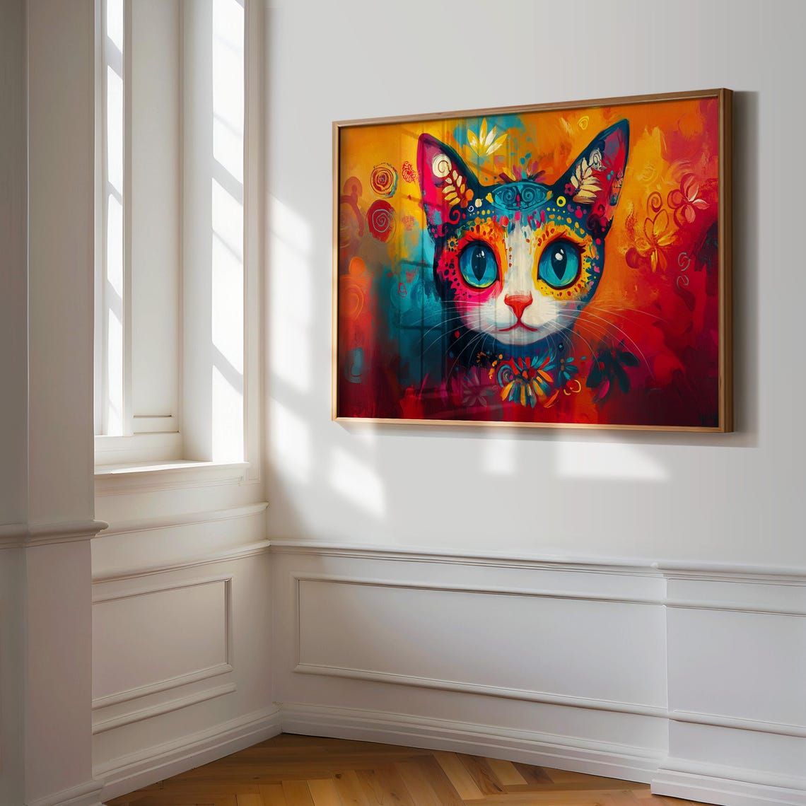 Folk Art Cat Big Blue Eyes Ornate Patterns Warm Red Orange Poster - Image 3
