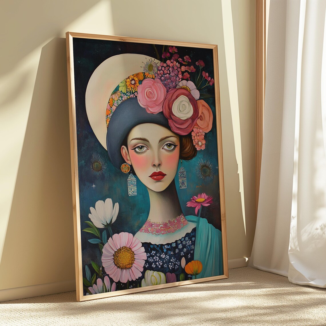 Surreal Woman Wide Brim Hat Pink Roses Teal Moonlit Floral Portrait Poster - Image 4