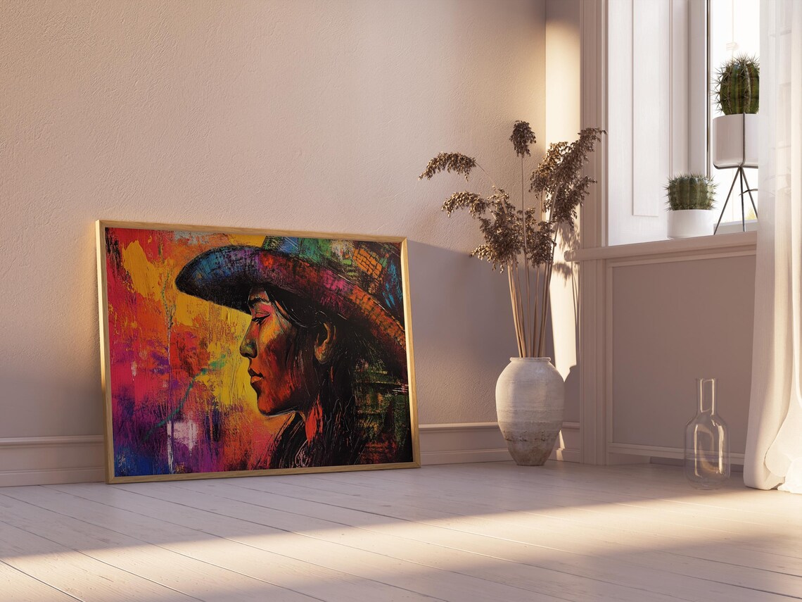 Mexican Woman Colorful Hat Profile Portrait Vibrant Painting Wall Art Print - Image 2