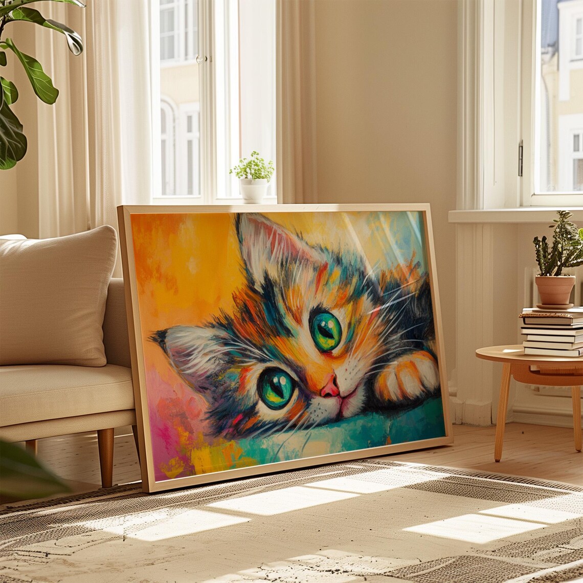 Calico Kitten Lying Down Tilted Head Big Green Eyes Colorful Art Poster - Image 4