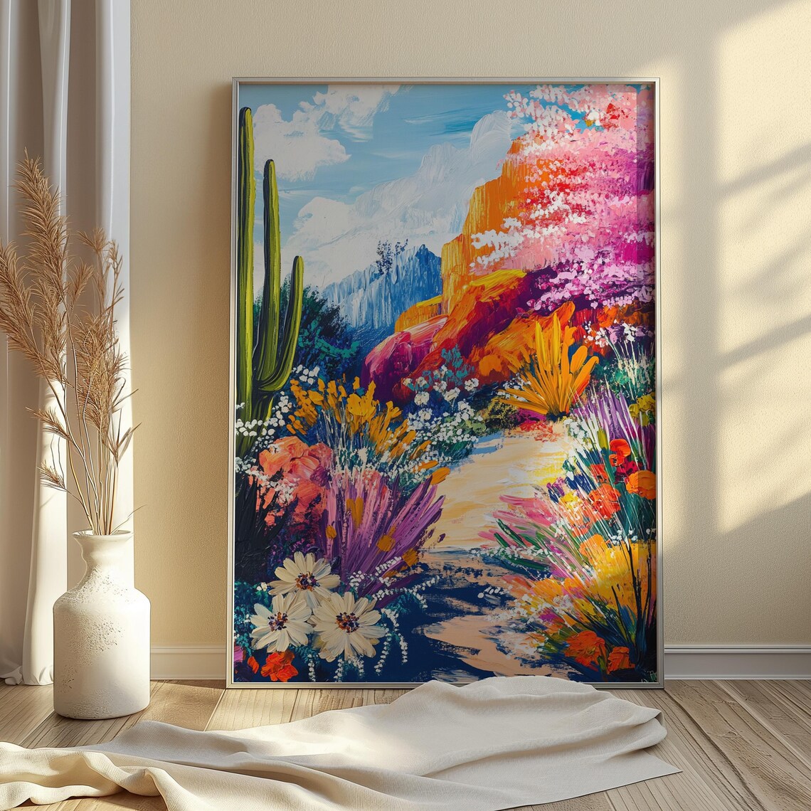 Blooming Desert Canyon Path Saguaro Cactus Pink Wildflowers Blue Sky Landscape Poster - Image 4