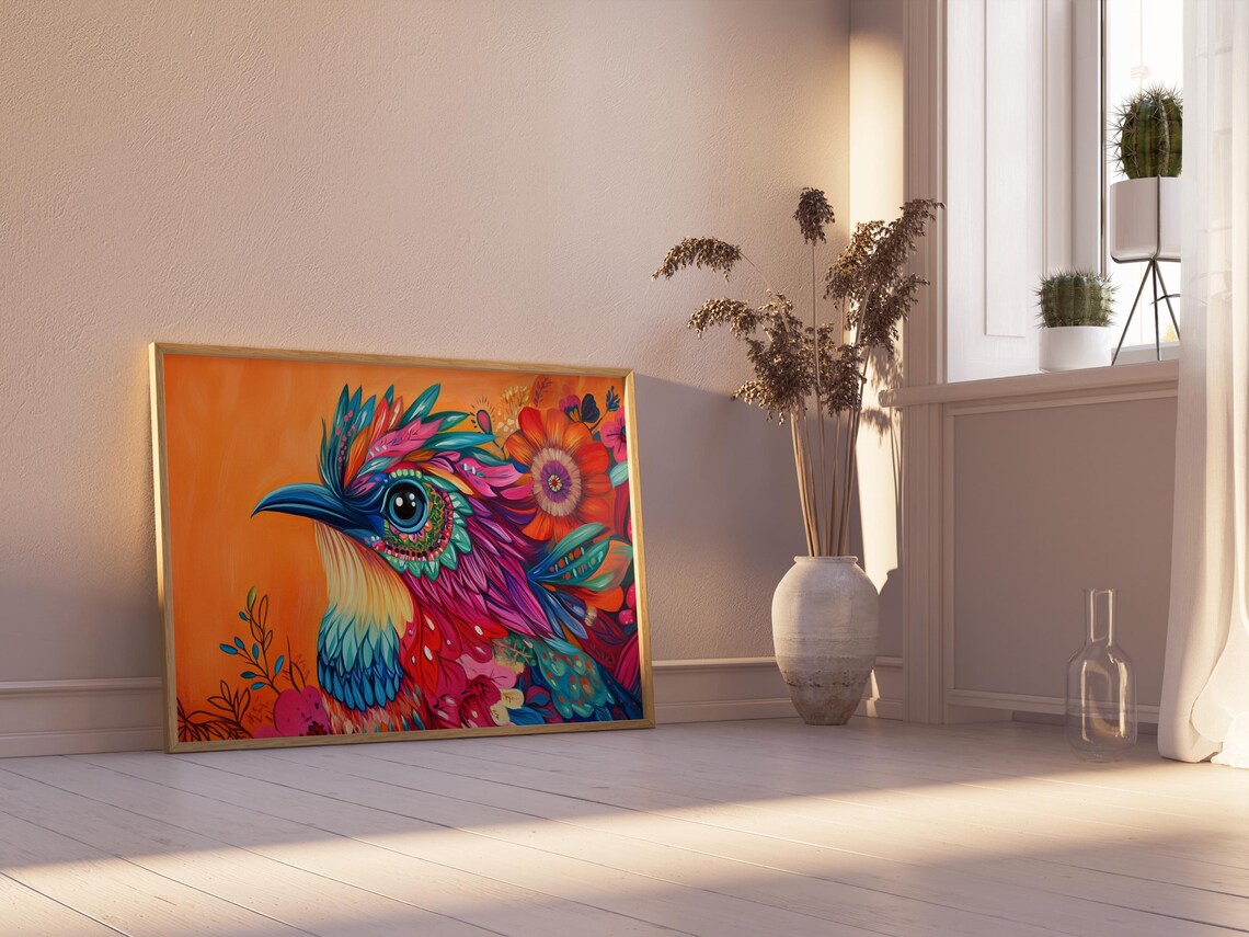 Teal Pink Fantasy Bird Head Profile Bold Orange Floral Art Print - Image 2