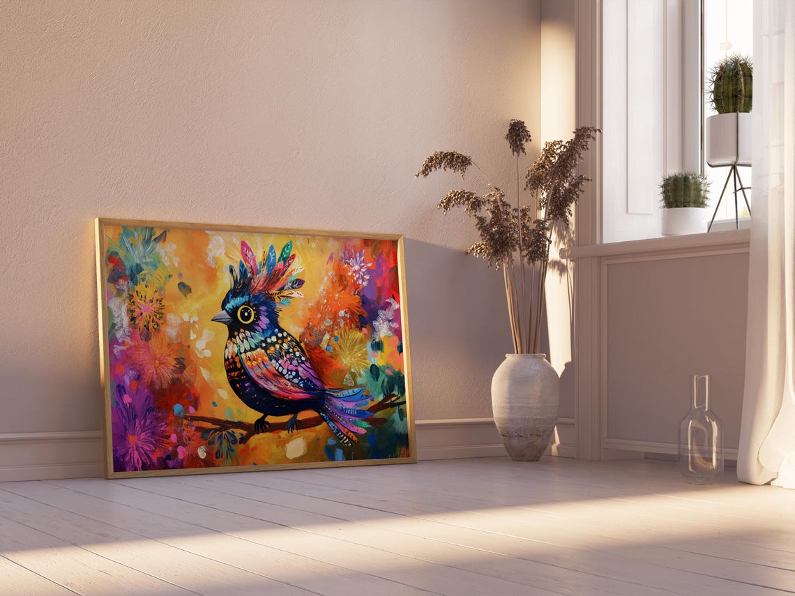 Midnight Crested Songbird Golden Eye Firework Bloom Art Print - Image 2