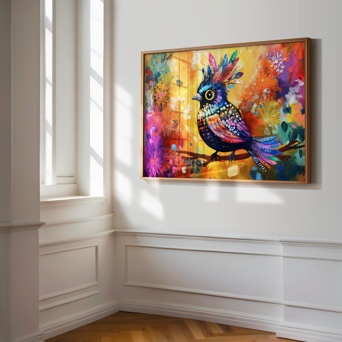 Midnight Crested Songbird Golden Eye Firework Bloom Art Print - Image 4