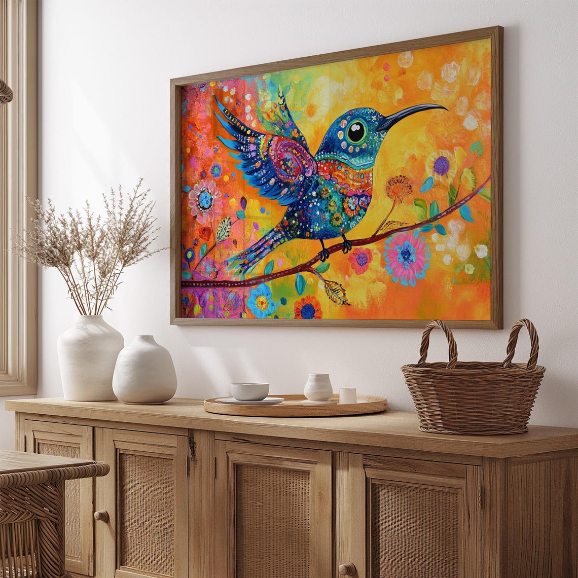 Sapphire Hummingbird Raised Patterned Wings Long Beak Fiesta Art Print