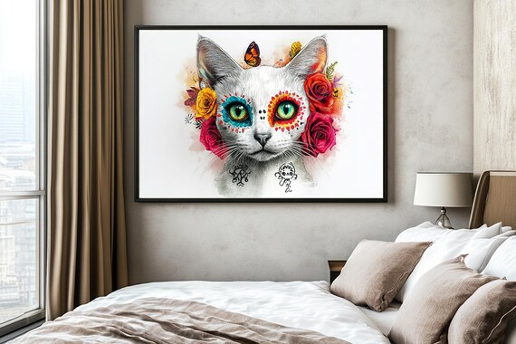 Romantic White Cat With Red Roses And Sugar Skull Eyes Poster